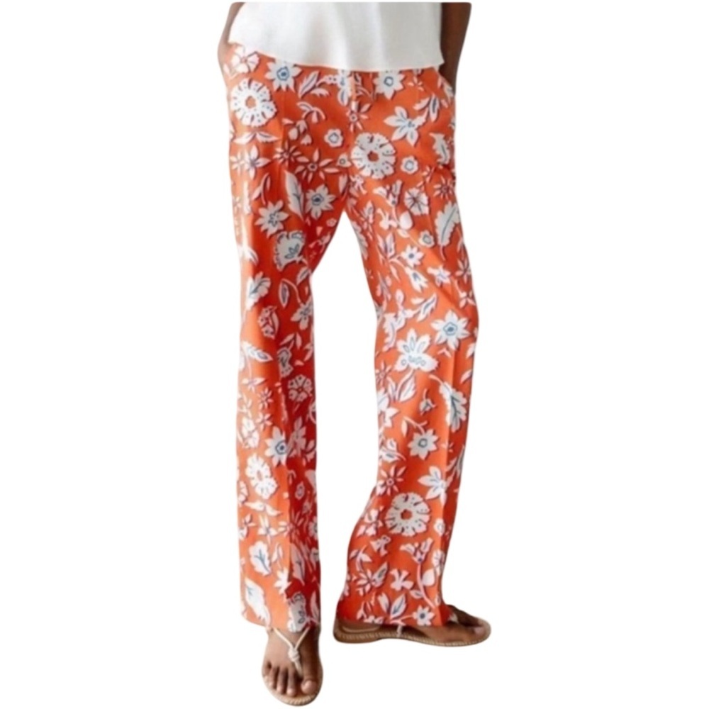 Zara Linen Blend Floral Drawstring Pants Wide Leg Orange White Size Small